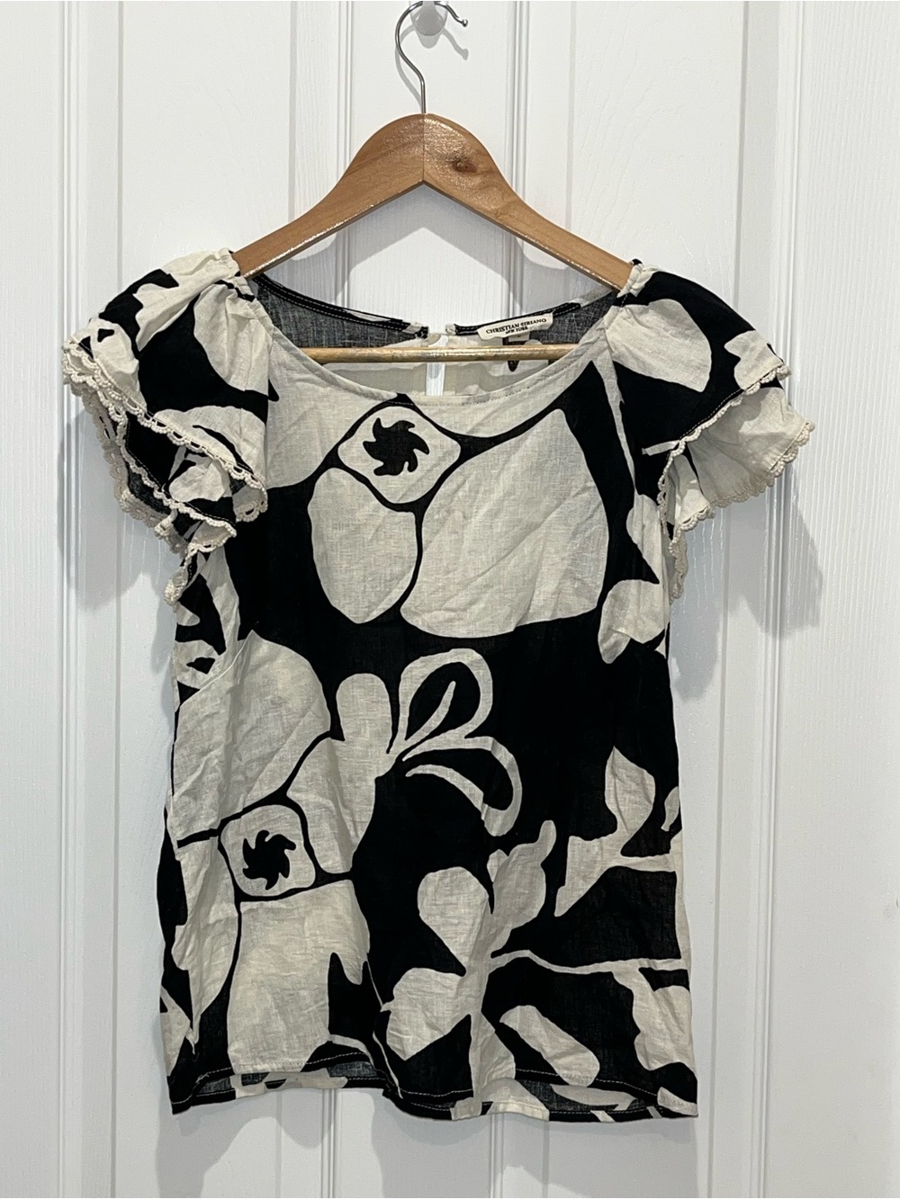 Christian Siriano Black & Cream Floral Ruffled Sleeve Blouse